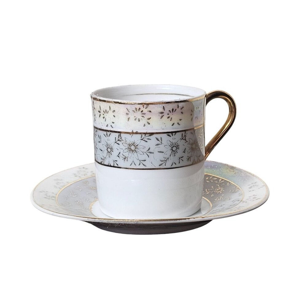 Vintage LightBlue Porcelain Tea Cup Saucer Set Gold Floral Design Demitasse Mini